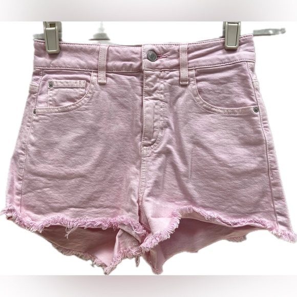 GUESS PASTEL DREAM HIGH RISE PINK RAW FRAYED HEM DENIM JEAN MOM SHORTS - Picture 1 of 14